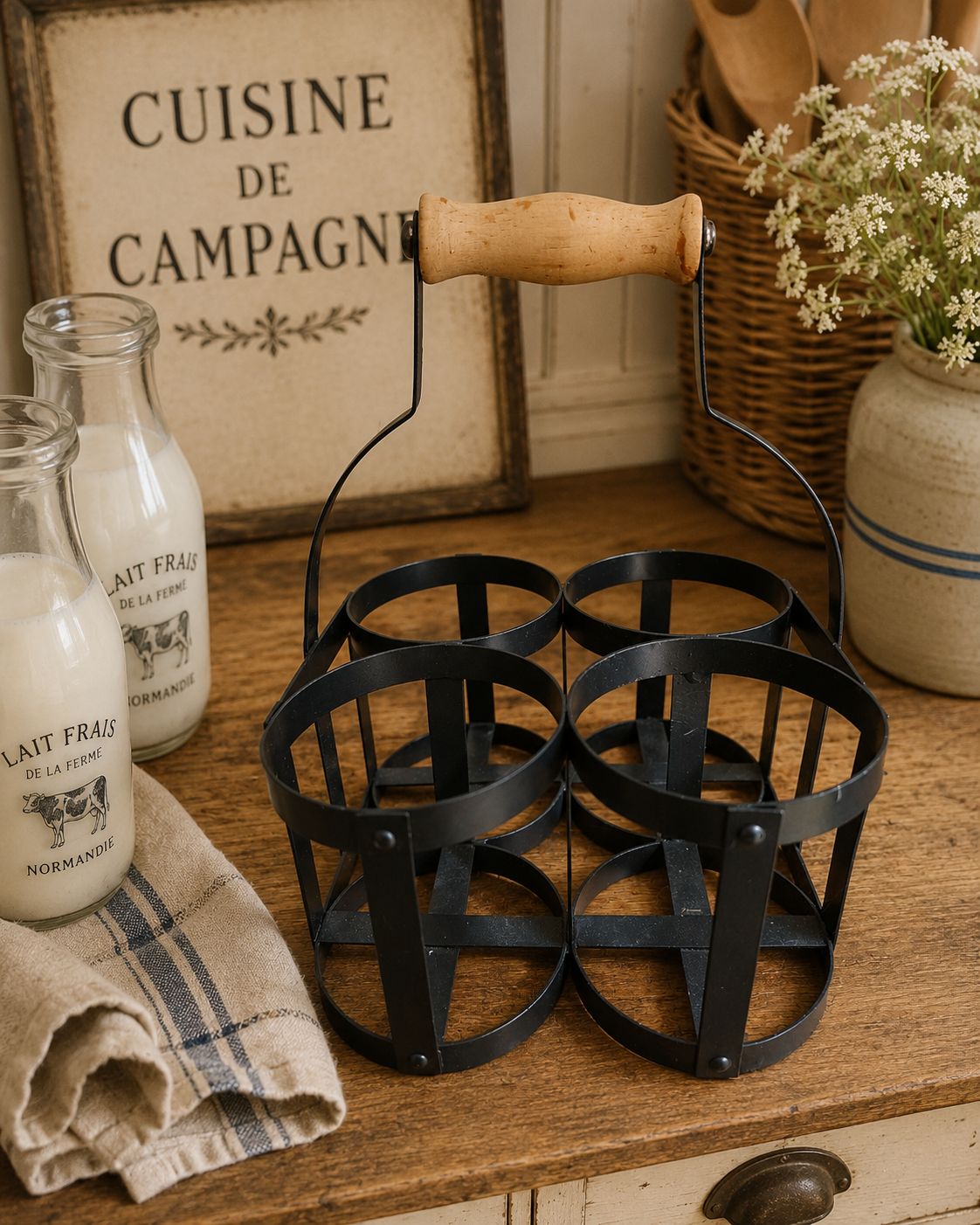 Rustic Metal Milk Bottle Carrier with Wooden Handle – Four Bottle Farmhouse Crate photograph 1