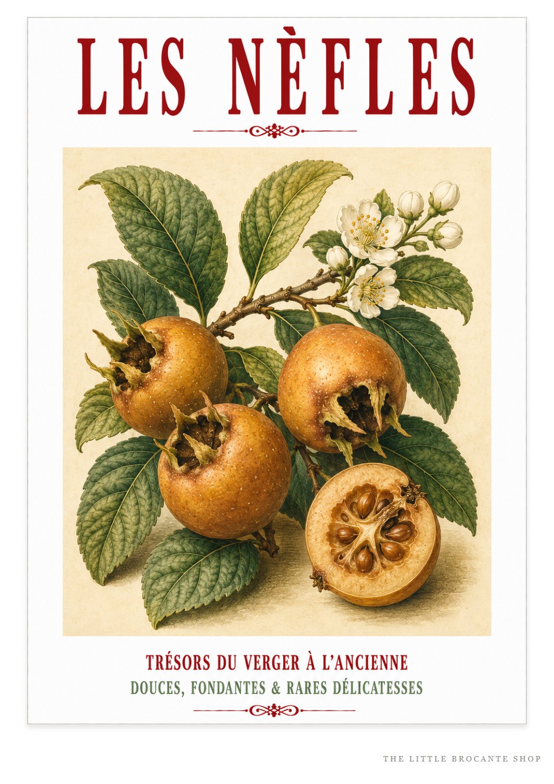 Illustrated French Medlar Print | French Kitchen Wall Art, Illustrated French, Botanical, French Country, Heritage Fruit, Orchard Inspired, French Kitchen, Country Kitchen, Cottage Style, Traditional Botanical, Rustic Wall Art wall artwork.