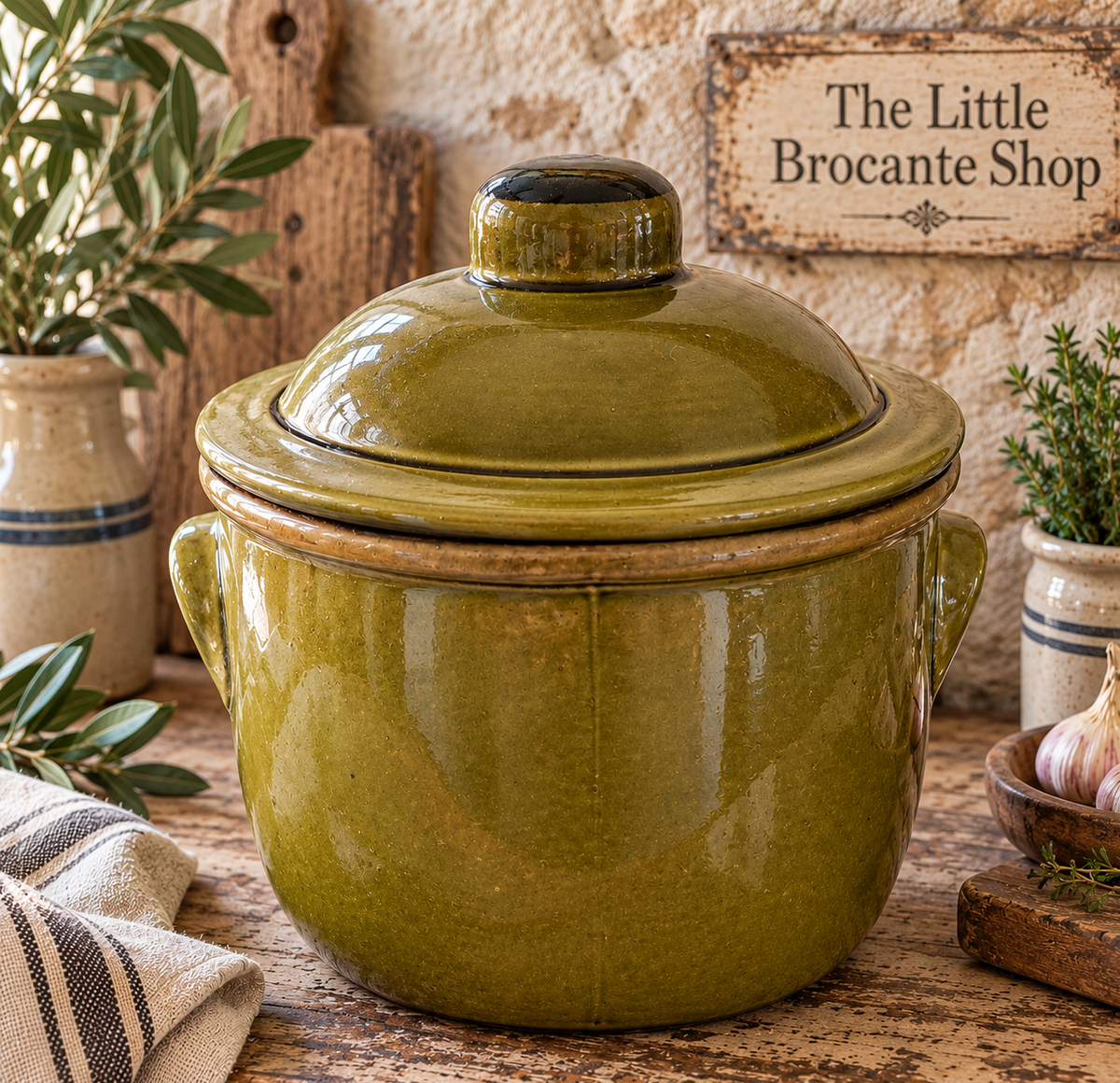 Vintage French Olive Green Stoneware Casserole Pot with Lid photograph 1