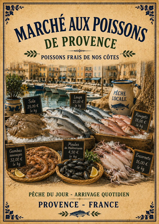 Marché aux Poissons de Provence – Vintage French Fish Market, French Coastal
Provence
Mediterranean
French Country
Rustic Farmhouse
Nautical
Coastal Cottage
Vintage European
Brocante
French Provincial
Traditional
Rustic Chic
Old World wall artwork.