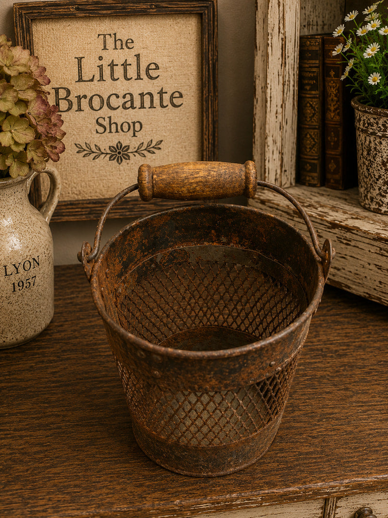 Vintage Indian Rustic Iron Jali Mesh Basket with Wooden Handle | Decorative Storage Pot photograph 1