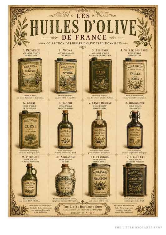 Les Huiles d'Olive de France | Vintage French Olive Oil Collection | French Country Kitchen Wall Art, French country wall artwork. – image 1