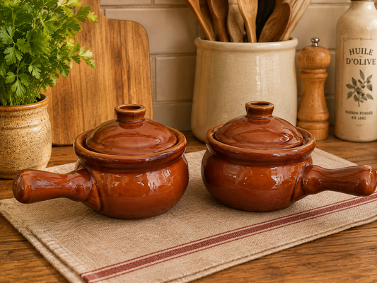 Pair of Vintage Brown Stoneware Lidded Cooking Pots photograph 1