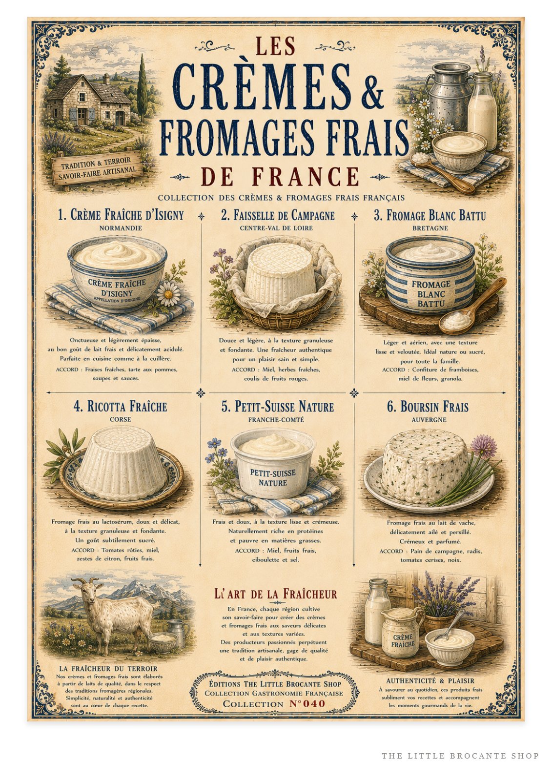 Les Crèmes & Fromages Frais – Vintage French Dairy Print | French Kitchen Wall Art, French Country, French Farmhouse, Cottagecore, Rustic Country, Traditional Kitchen, Brocante, Vintage, European Farmhouse, Provincial French, Country Cottage, Blue & White Kitchen wall artwork.