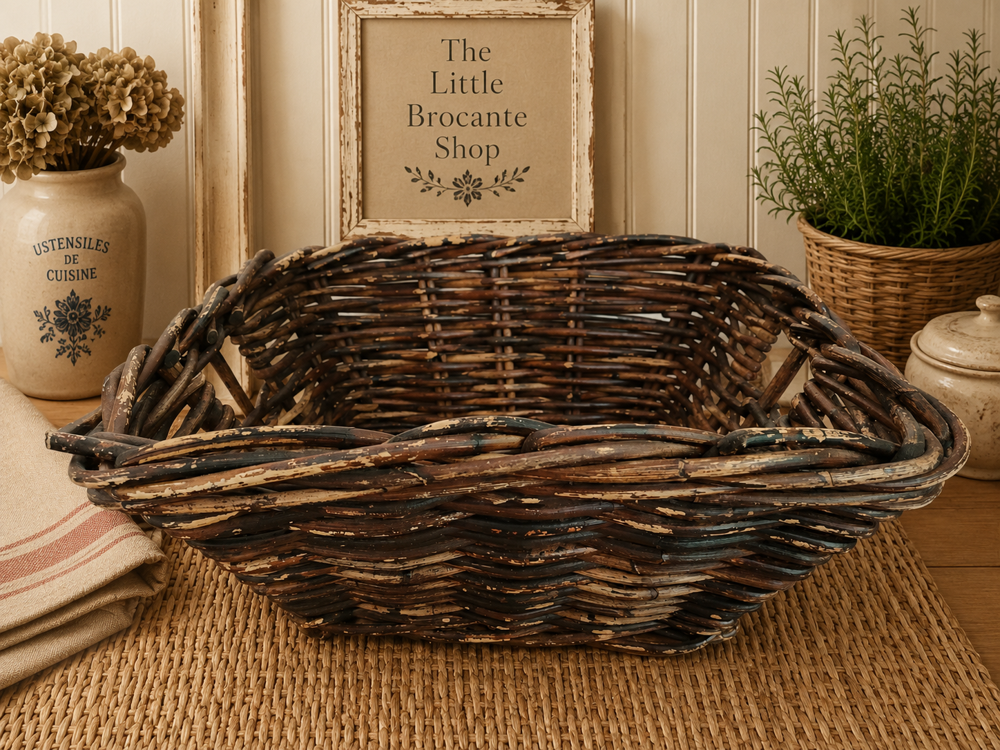 Vintage Dark Willow Storage Basket | Rustic French Country Wicker Basket | Farmhouse Display Basket photograph 1