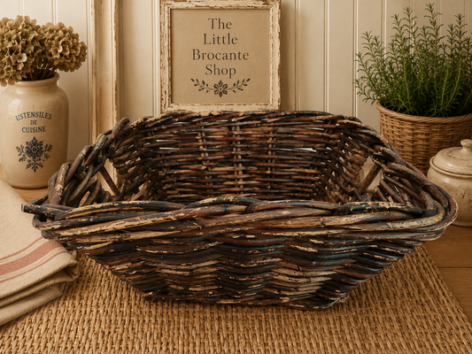 Vintage Dark Willow Storage Basket | Rustic French Country Wicker Basket | Farmhouse Display Basket photograph 1