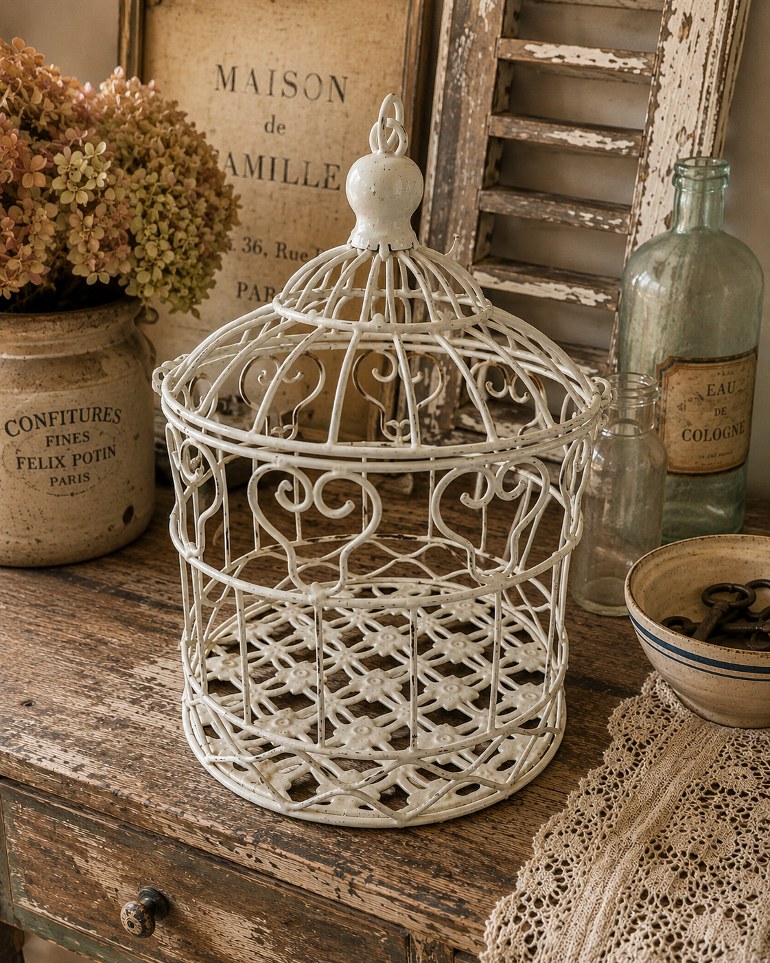 Vintage Style White Metal Birdcage – French Country Decorative Bird Cage photograph 1