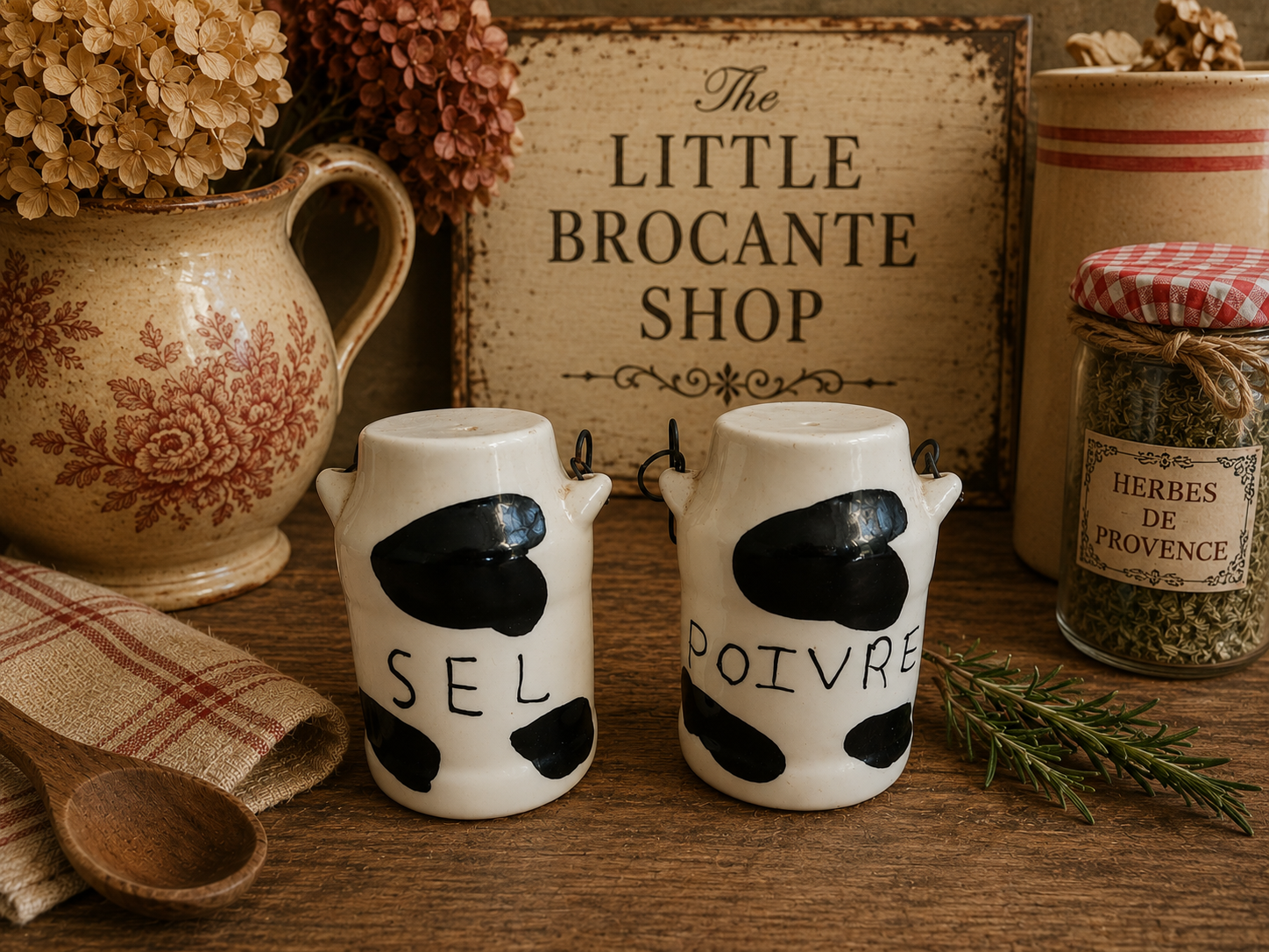 Cow Print Salt & Pepper Pots with Wooden Handles | Sel & Poivre French Country Kitchen Set photograph 1