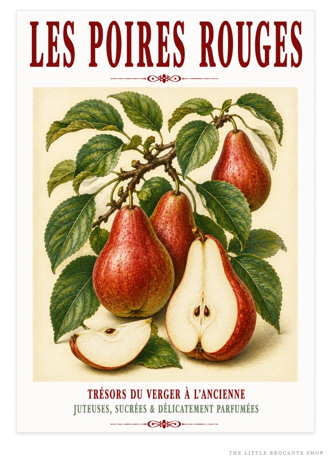 Les Poires Rouges – Illustrated French Red Pear Print | French Kitchen Wall Art, Illustrated French, Botanical, French Country, Orchard Inspired, Country Kitchen, Fruit Illustration, Rustic Country, Cottage Style wall artwork.