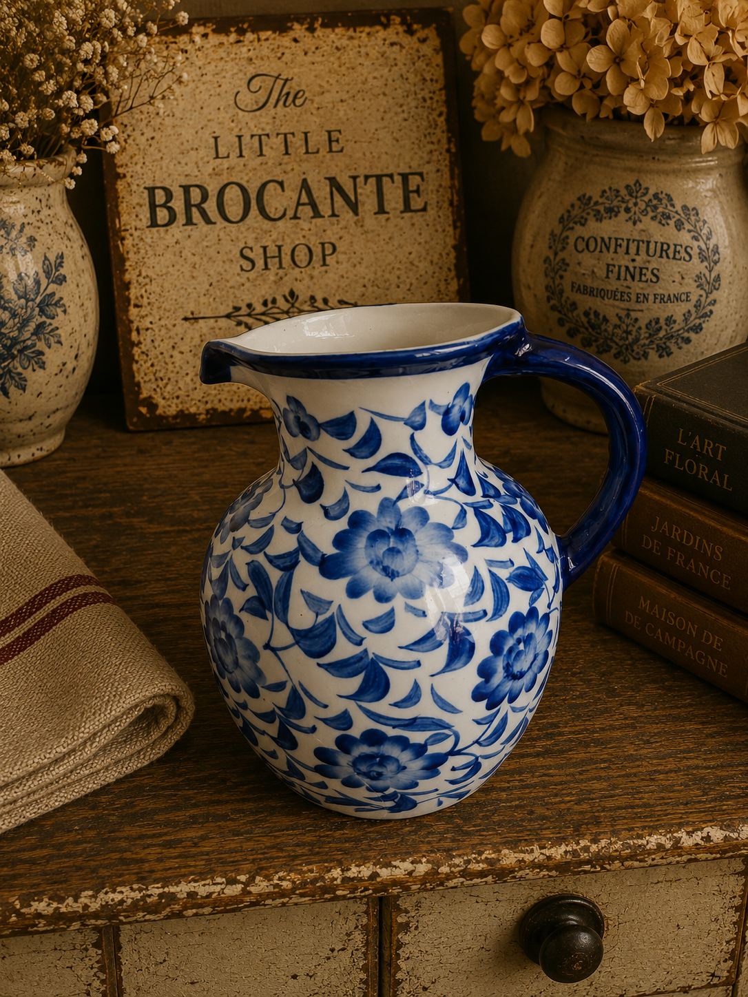Vintage Blue & White Floral Ceramic Jug | Delft Style Water Pitcher | Cottage & French Country Vase photograph 1