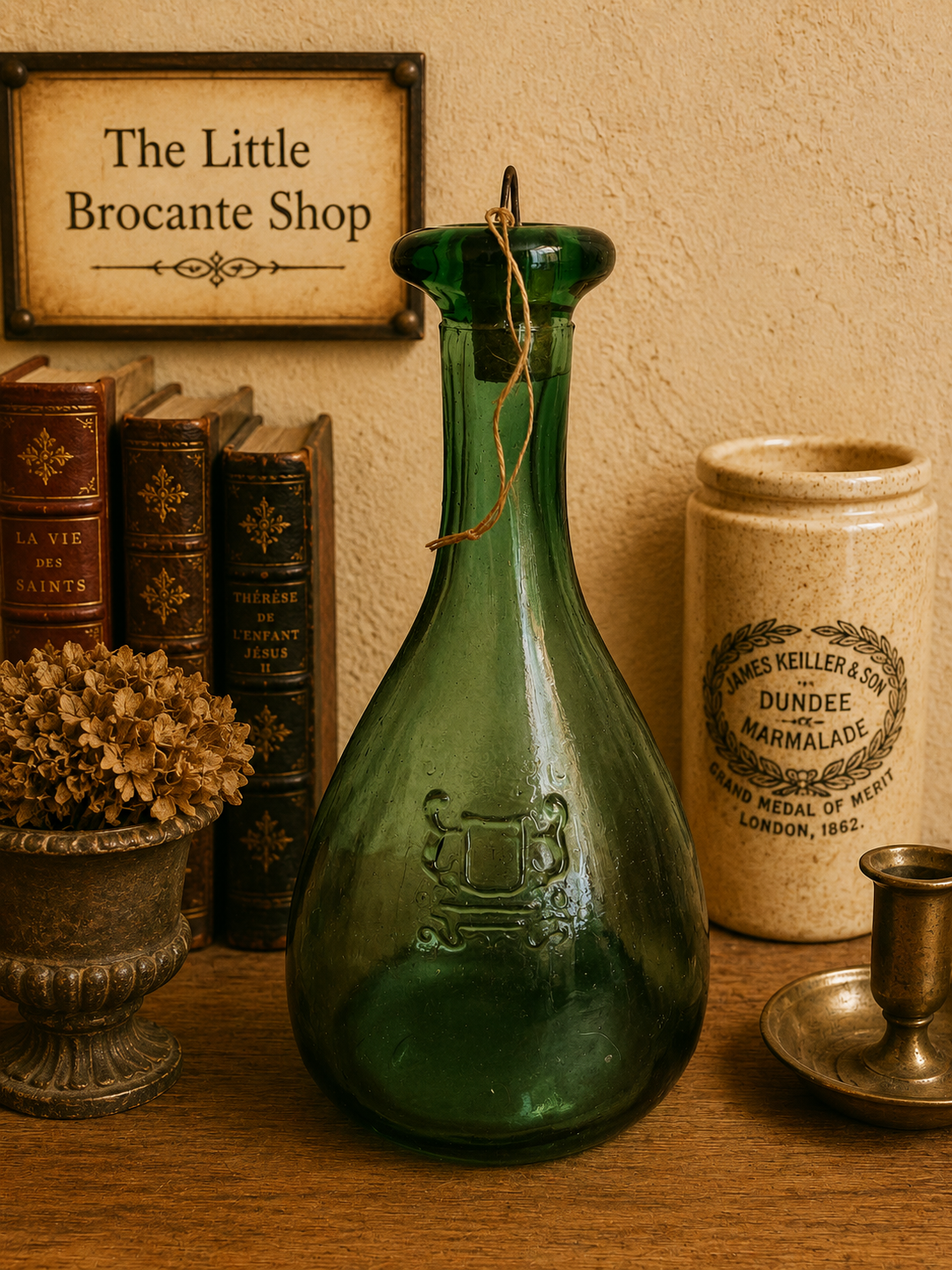 A wonderfully characterful vintage green glass carafe or bottle, with a beautiful deep emerald colour and an unusual elongated teardrop shape. photograph 1