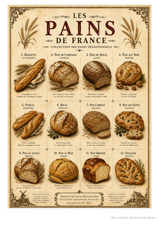 Les Pains de France | Vintage French Bread Collection | Rustic Bakery Kitchen Wall Art, French country wall artwork. – image 1
