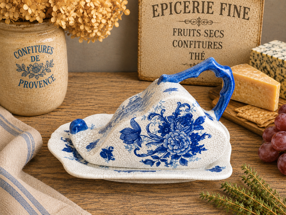 Vintage Blue & White Ceramic Cheese Dish & Cover – Floral Cheese Keeper with Branch Handle photograph 1