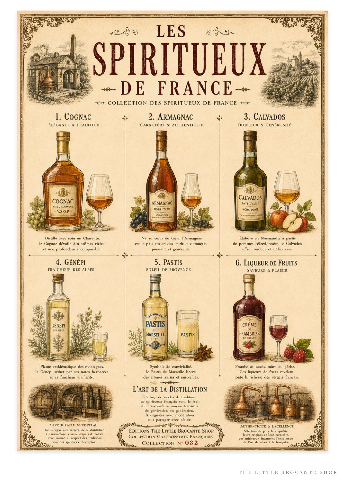 Les Spiritueux de France Vintage French Spirits Print | Bar & Kitchen Wall Art, French country wall artwork.