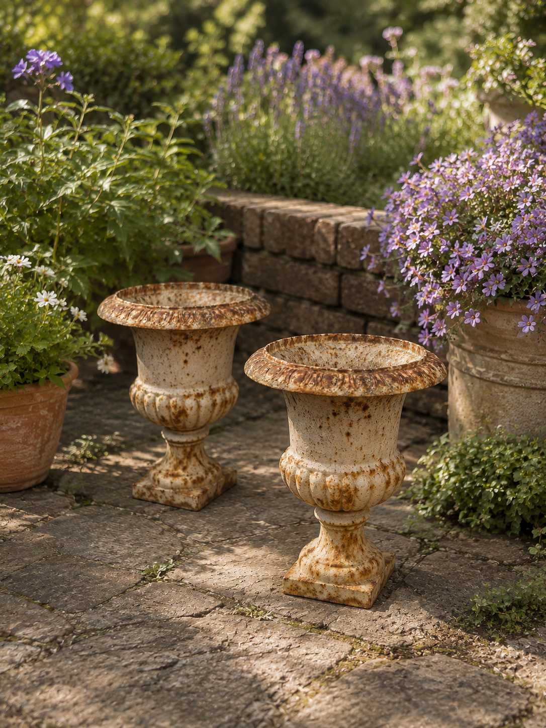 Pair of Vintage Cast Iron Garden Urns – Rustic French Country Planters photograph 1