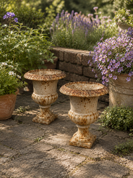 Pair of Vintage Cast Iron Garden Urns – Rustic French Country Planters photograph 1