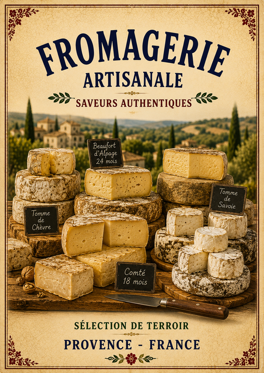 Fromagerie Artisanale – Vintage French Cheesemonger, French Country
Provence
Rustic Farmhouse
Brocante
Cottagecore
Mediterranean
Country Kitchen
Rustic Chic
Vintage European
Traditional
French Provincial
Old World
Continental
Artisan Food Store Style wall artwork.