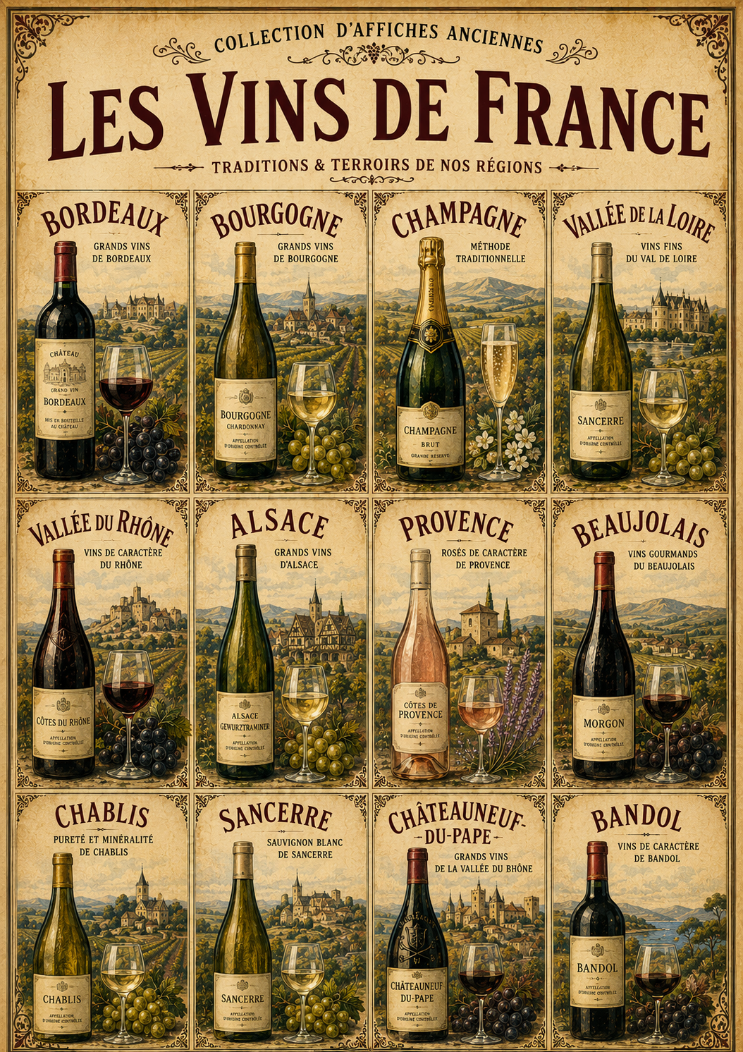 Les Vins de France | Vintage French Wine Regions Collection | French Gastronomy Wall Art, French country wall artwork. – image 1