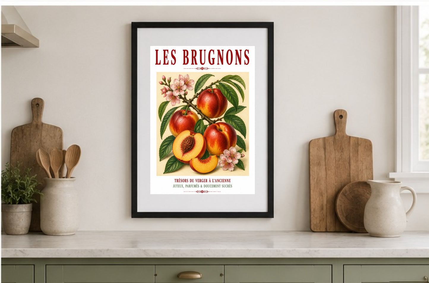 Illustrated French Nectarine Print | French Kitchen Wall Art, Illustrated French, Botanical, French Country, Orchard Style, Traditional Botanical Illustration, French Kitchen, Country Kitchen, Cottage Style, Pomological Art wall artwork.