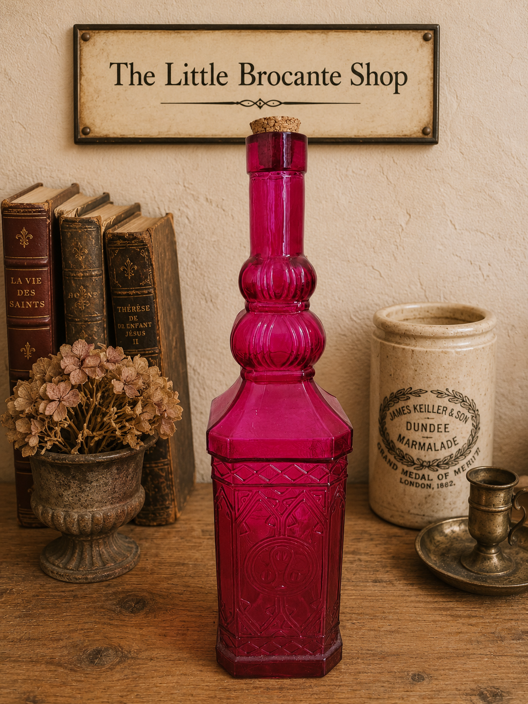 Pink Embossed Glass Decorative Bottle with Cork Stopper | Vintage Style Decanter photograph 2