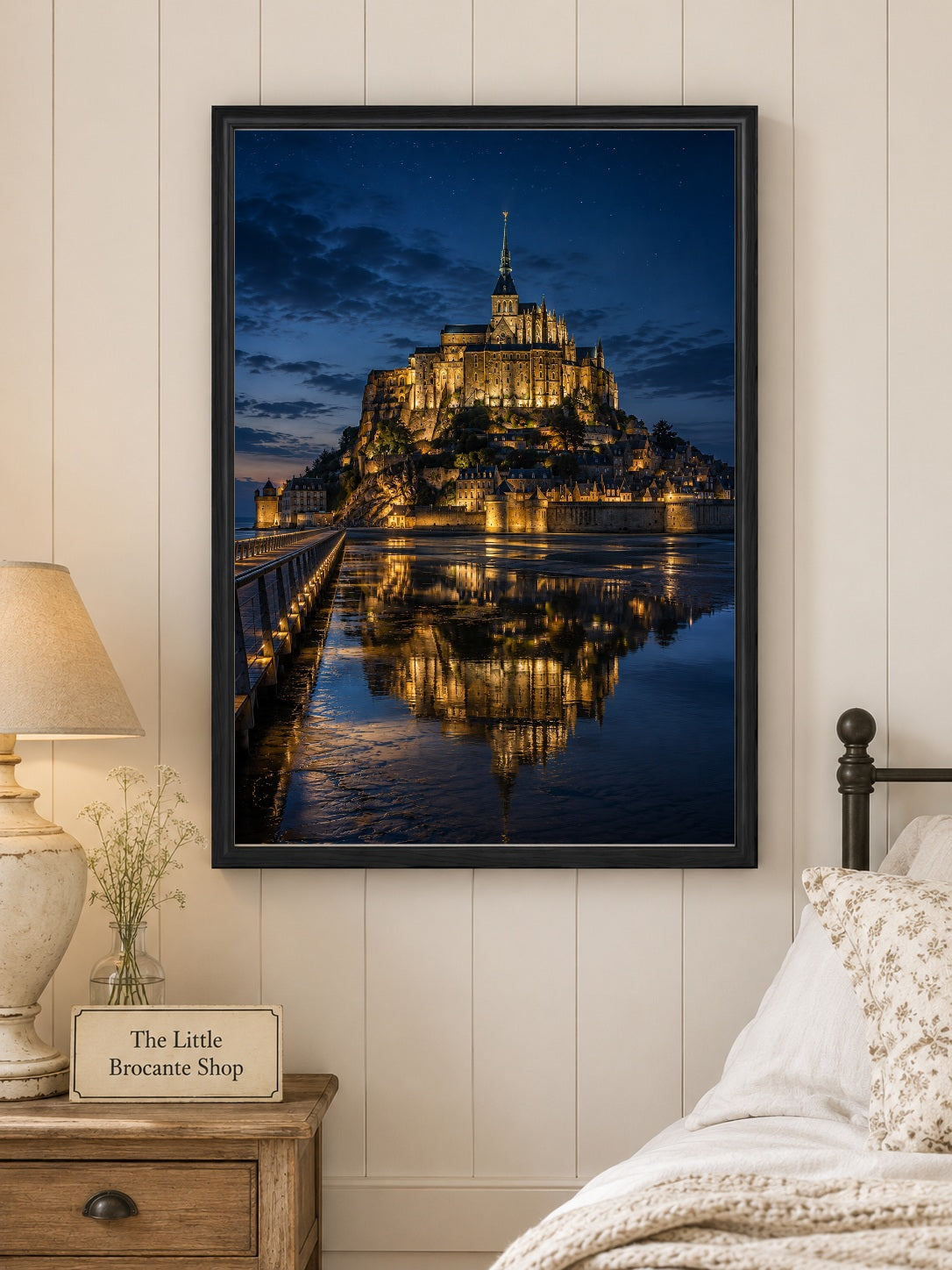 Mont Saint-Michel at Night – Illuminated Normandy Print | French Coastal Wall Art, French Country, Contemporary French, Classic European, Dark Academia, Heritage, Traditional, Modern Country, Moody Interior, Coastal, Rustic European, Contemporary wall artwork.