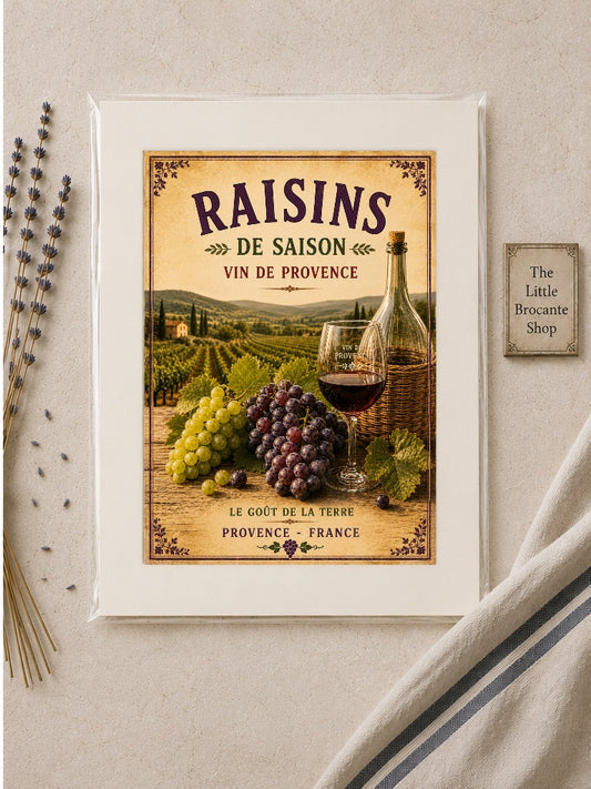 Raisins de Saison – Vintage Provence Vineyard & Wine Market Print, French Country
Provence
French Provincial
Rustic Farmhouse
Vineyard Style
Mediterranean
Cottagecore
Vintage European
Brocante
Country Cottage
Traditional
Timeless Classic wall artwork.