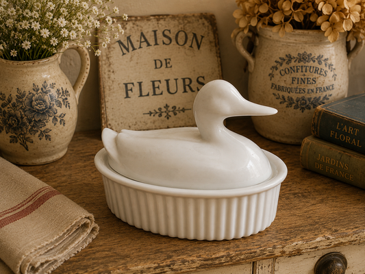 White Ceramic Duck Covered Terrine | French Country Kitchen Duck Dish | Decorative Ceramic Duck Pot photograph 2