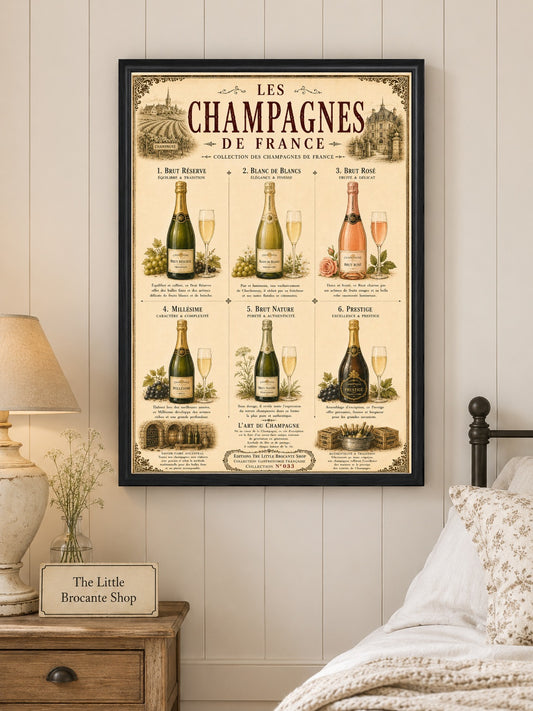 Les Champagnes de France Vintage French Champagne Print | Bar & Dining Room Wall Art, French country wall artwork.