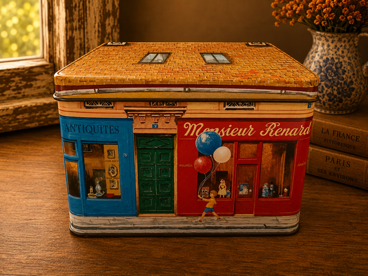 French Village House Metal Storage Tin | Confiserie & Antiquités Decorative Tin photograph 2