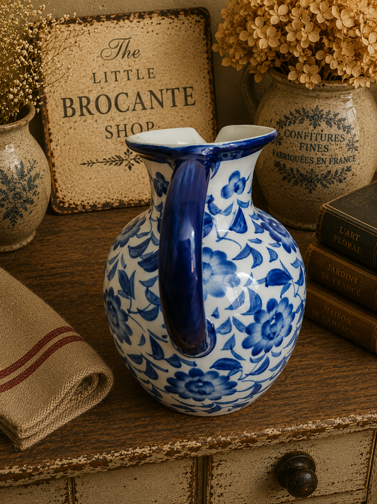 Vintage Blue & White Floral Ceramic Jug | Delft Style Water Pitcher | Cottage & French Country Vase photograph 2
