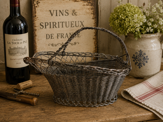 French Style Wire Wine Bottle Carrier Basket | Rustic Metal Bottle Holder | French Country Kitchen Decor photograph 2