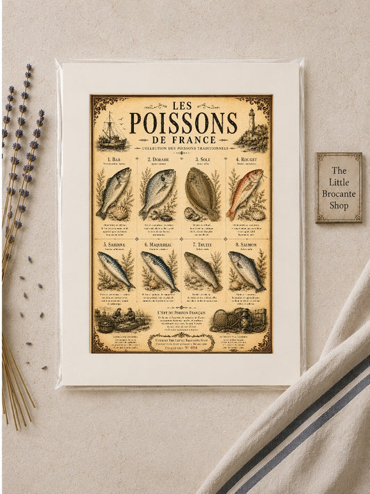 Les Poissons de France | Vintage French Fish Collection | Coastal Kitchen & Seafood Wall Art Print, French country wall artwork. – image 2