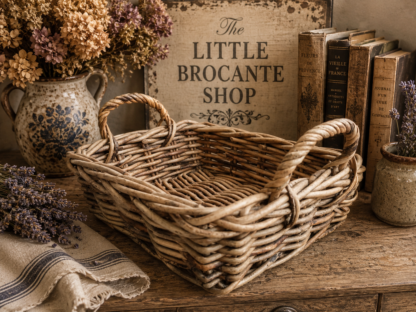 Vintage Rustic Handwoven Willow Basket with Twisted Handles | French Country Storage Basket photograph 2