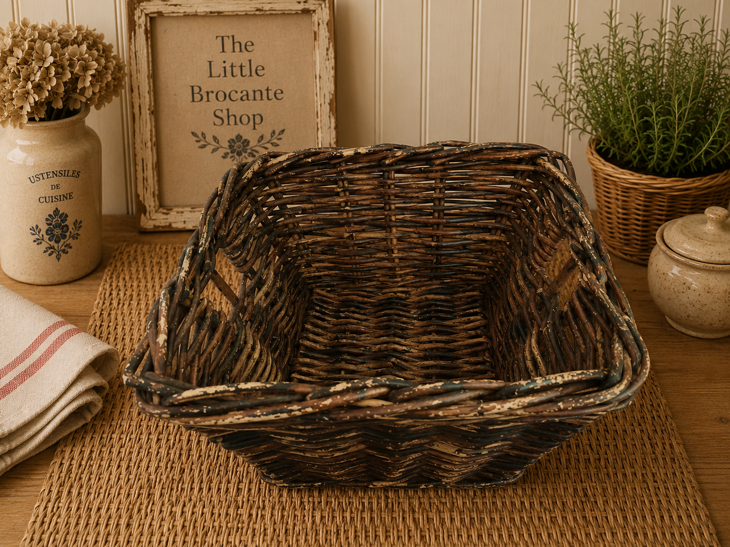 Vintage Dark Willow Storage Basket | Rustic French Country Wicker Basket | Farmhouse Display Basket photograph 2