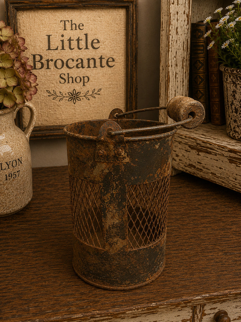 Vintage Indian Rustic Iron Jali Mesh Basket with Wooden Handle | Decorative Storage Pot photograph 2