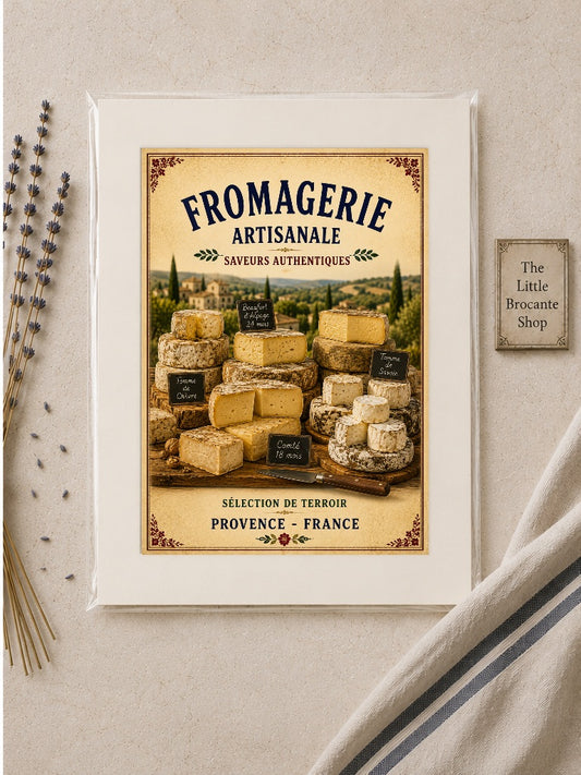 Fromagerie Artisanale – Vintage French Cheesemonger, French Country
Provence
Rustic Farmhouse
Brocante
Cottagecore
Mediterranean
Country Kitchen
Rustic Chic
Vintage European
Traditional
French Provincial
Old World
Continental
Artisan Food Store Style wall artwork.