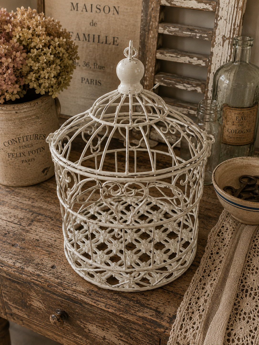 Vintage Style White Metal Birdcage – French Country Decorative Bird Cage photograph 2