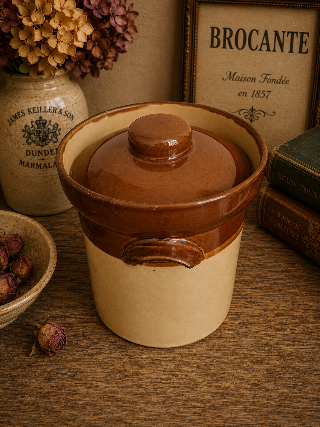 Vintage English Stoneware Lidded Storage Crock – Brown & Cream Country Kitchen Pot photograph 2