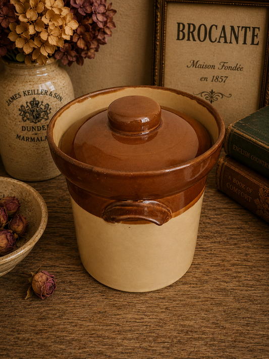 Vintage English Stoneware Lidded Storage Crock – Brown & Cream Country Kitchen Pot photograph 2