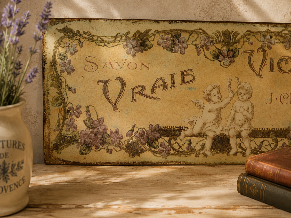 French Vintage Style Savon Vrai Violette Metal Sign – Violet Soap Advertising Wall Décor photograph 2