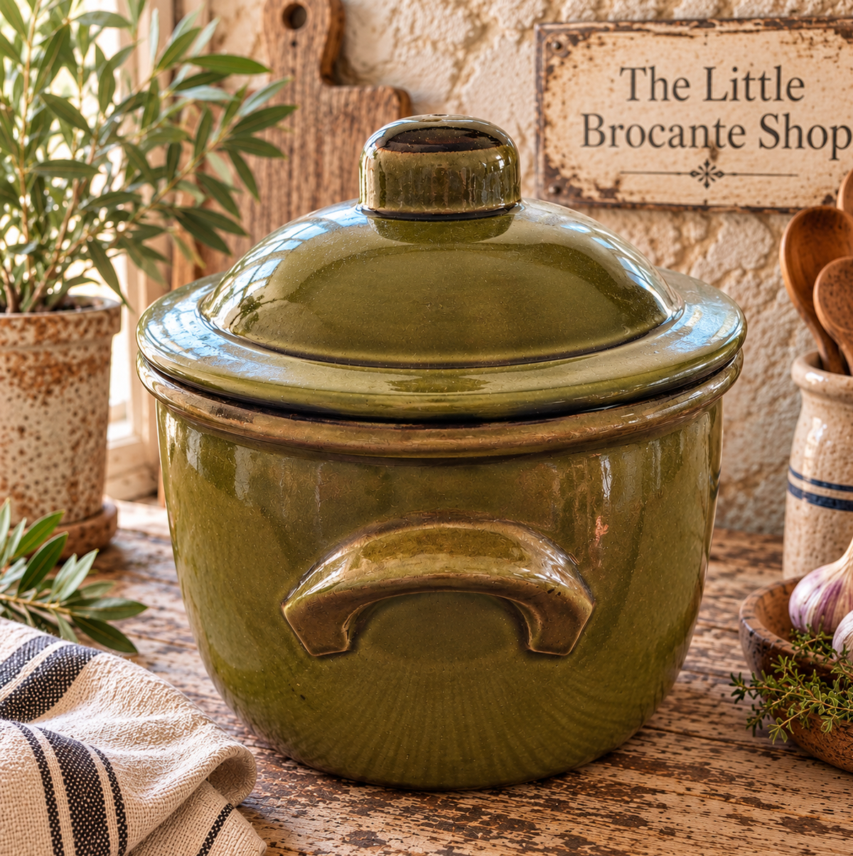 Vintage French Olive Green Stoneware Casserole Pot with Lid