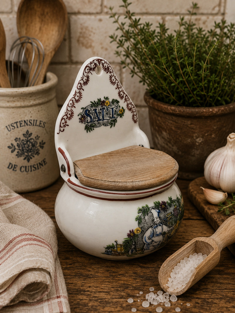 Vintage Aksini Denmark Wall Mounted Ceramic Salt Pot | Farmhouse Kitchen Salt Box with Wooden Lid photograph 2