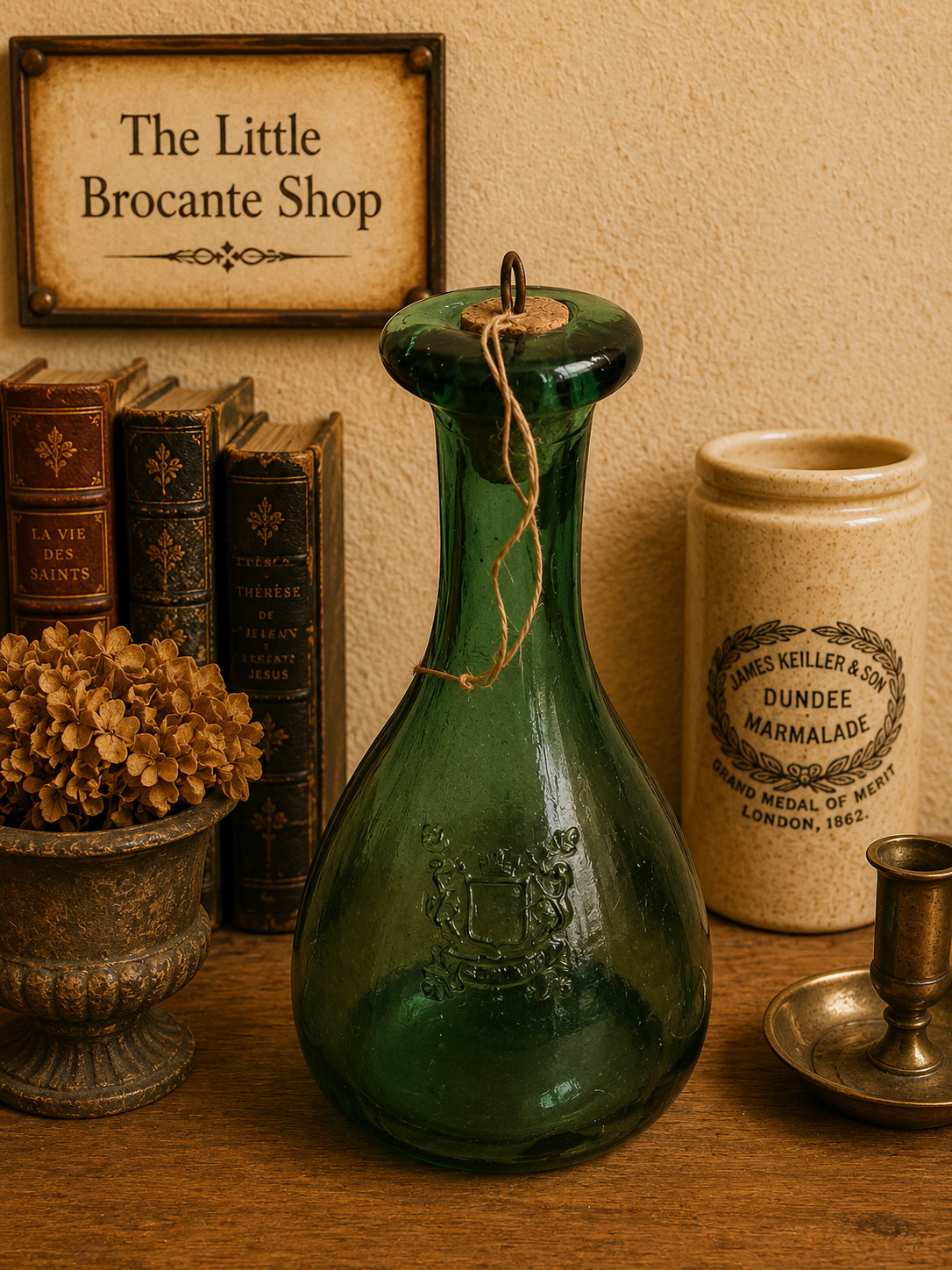 A wonderfully characterful vintage green glass carafe or bottle, with a beautiful deep emerald colour and an unusual elongated teardrop shape. photograph 2