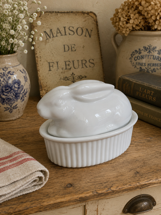 White Ceramic Rabbit Covered Terrine | French Country Kitchen Bunny Dish | Decorative Rabbit Pot photograph 2