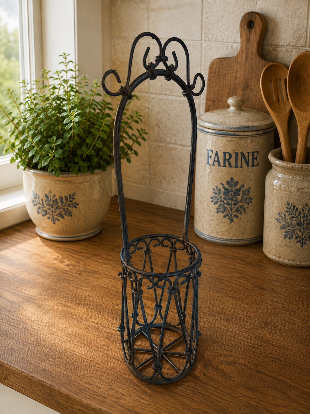 Vintage Wrought Iron Wine Bottle Holder | Rustic French Country Bottle Carrier photograph 2