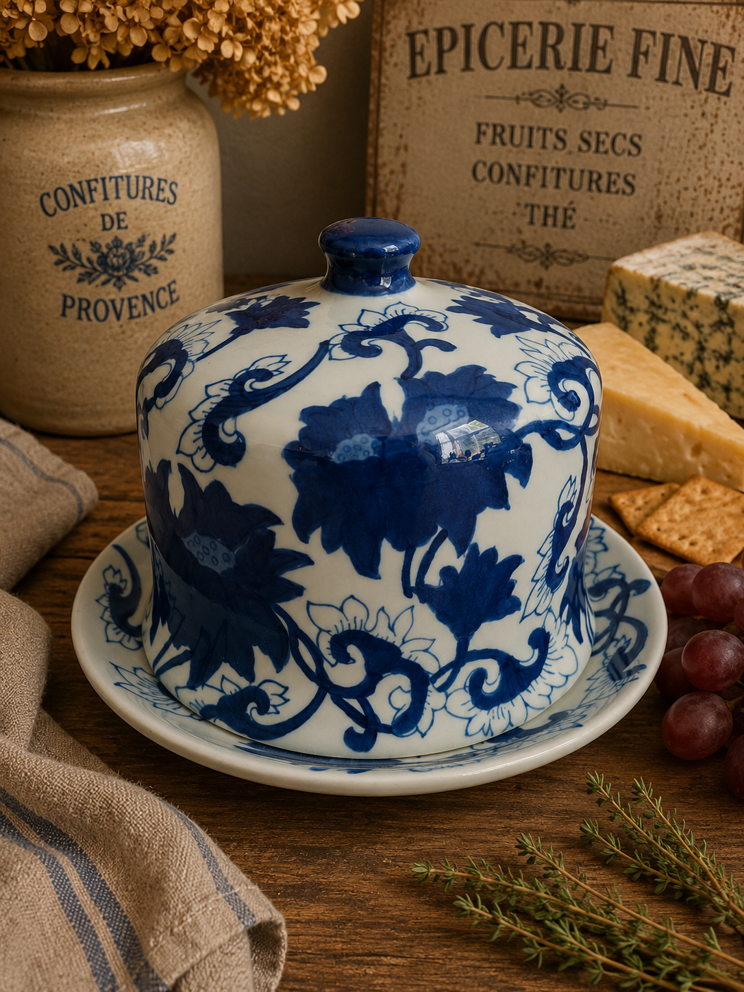 Antique Staffordshire Blue & White Cheese Dome & Plate – 19th Century Floral Cheese Cloche photograph 2