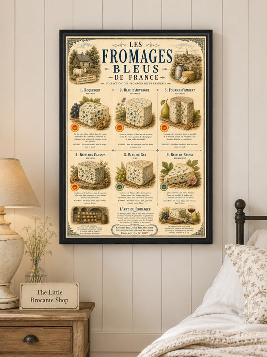 Les Fromages Bleus – Vintage French Blue Cheese Print | French Kitchen Wall Art, French Country, French Farmhouse, Vintage French, Brocante, Country Cottage, Rustic European, Traditional Kitchen, European Farmhouse, Provence Style, Cottagecore wall artwork.