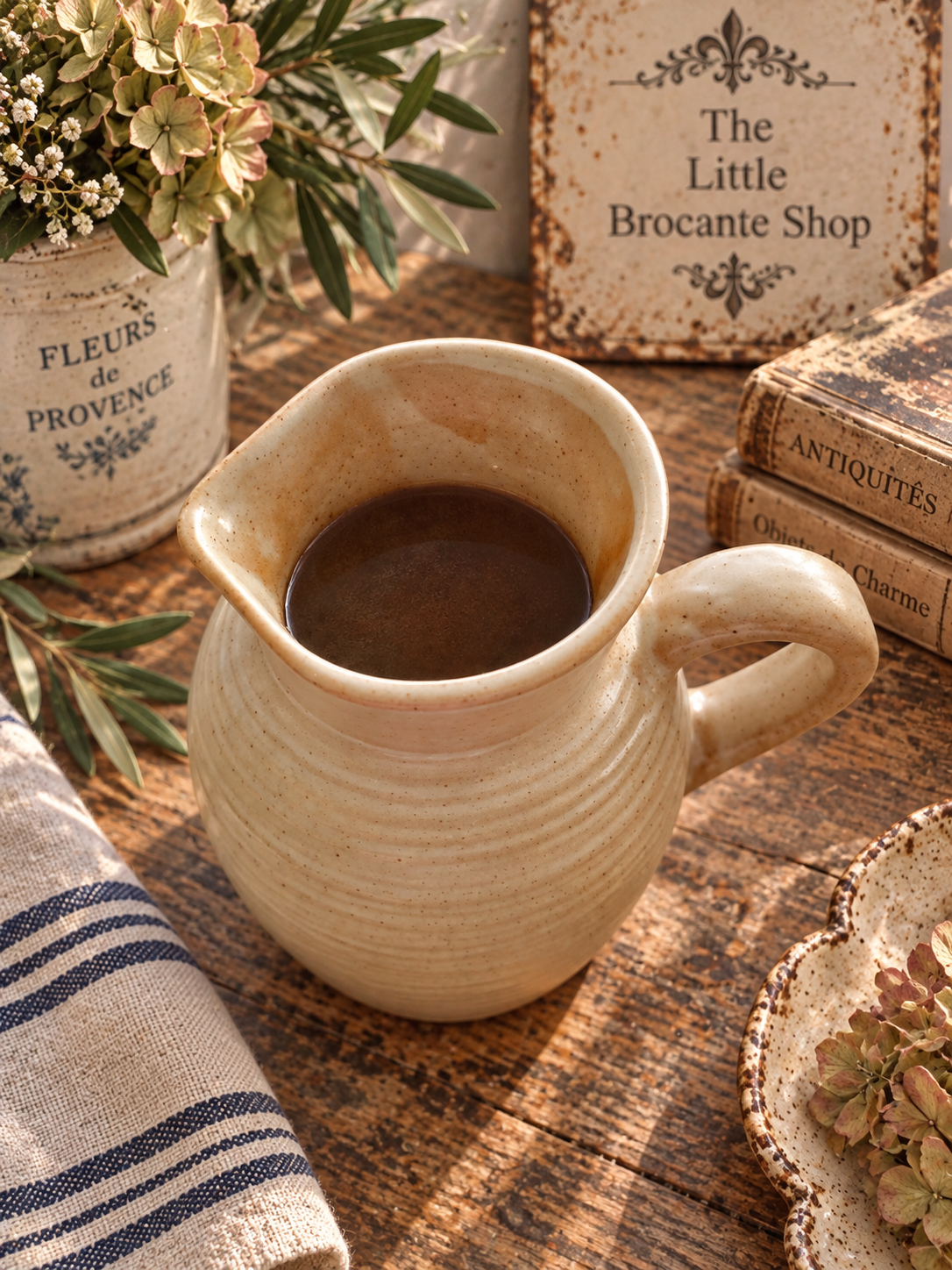 Vintage French Grès Stoneware Jug – Speckled Beige Rustic Pottery Pitcher