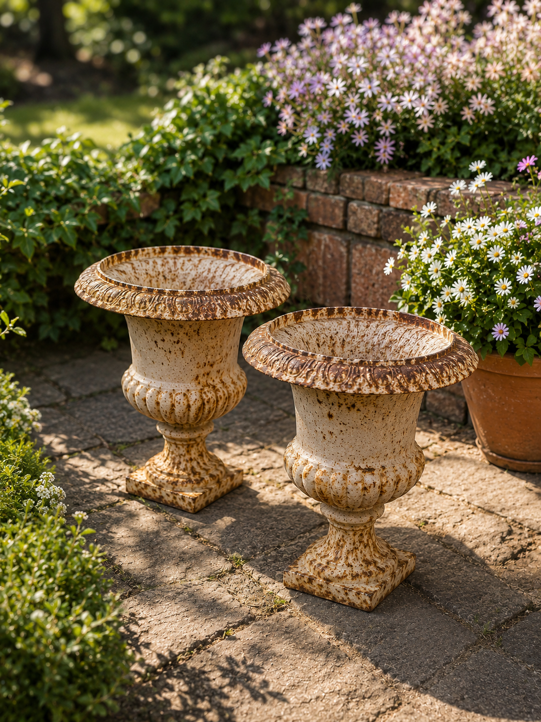 Pair of Vintage Cast Iron Garden Urns – Rustic French Country Planters photograph 2
