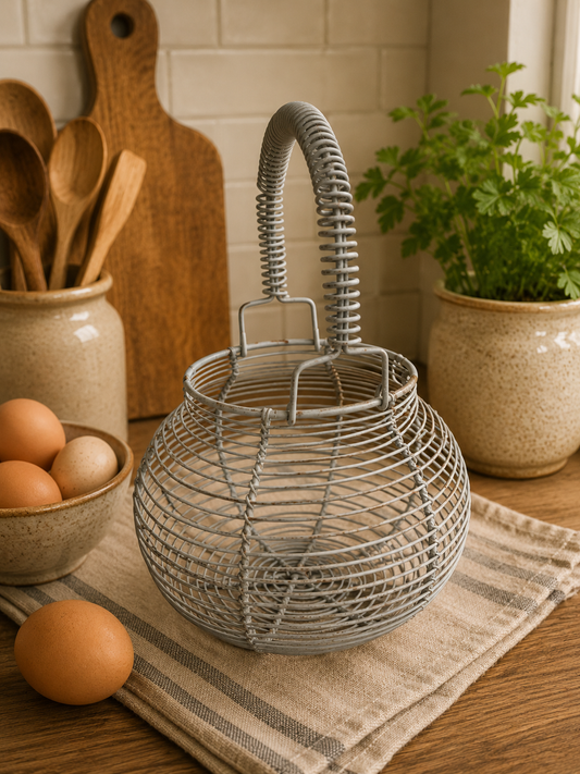 Vintage Wire Egg Gathering Basket – Blue Grey Farmhouse Egg Collecting Basket photograph 2